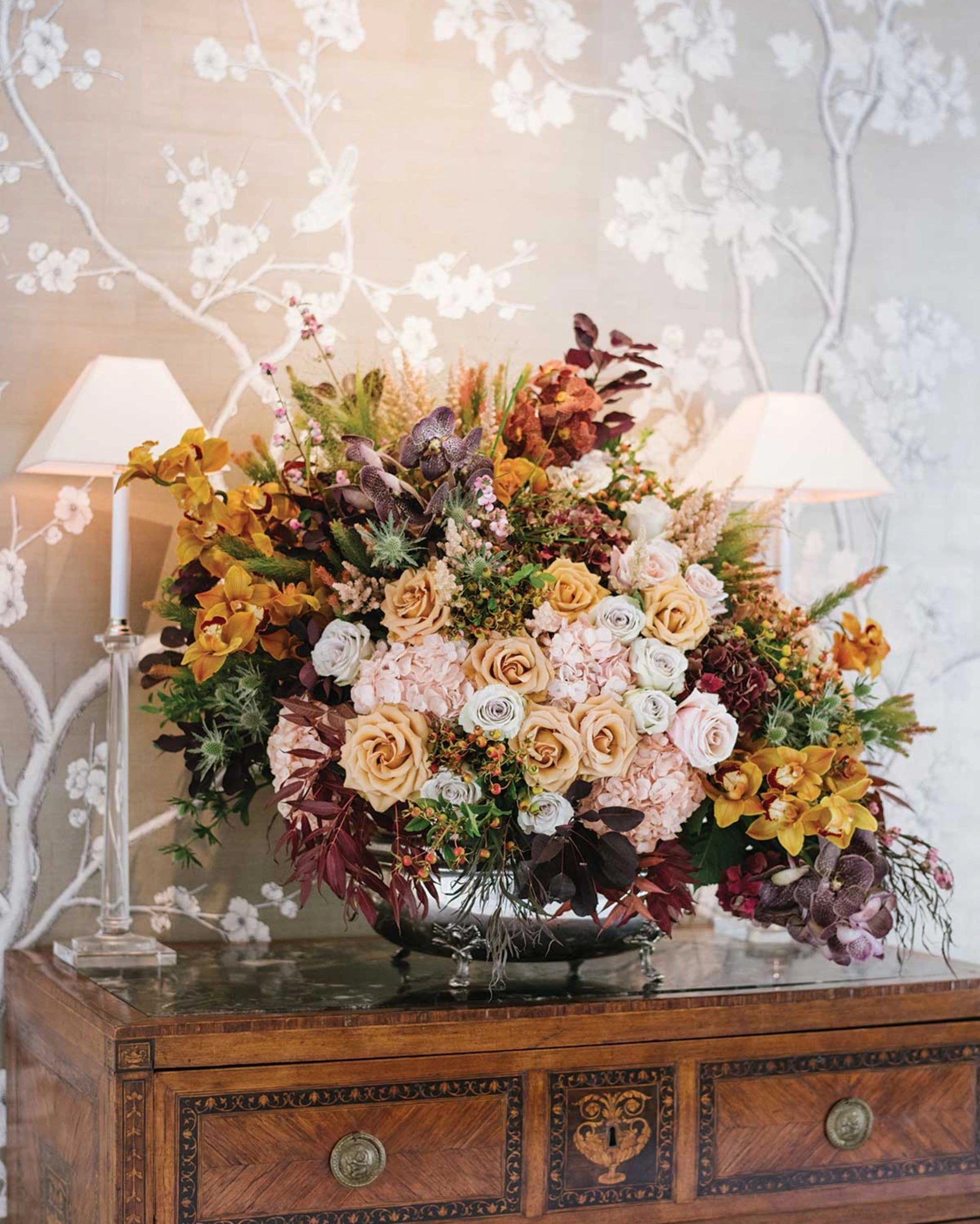 Peach and cream arrangement on an antique table