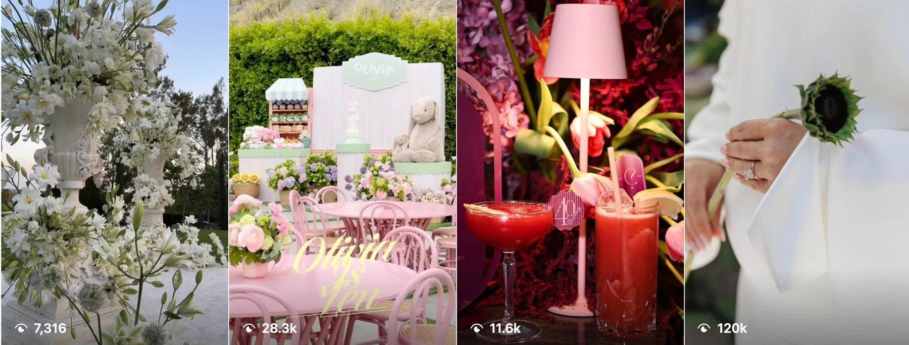 White floral installations, a garden celebration, colorful party details, and bridal flowers from Avant Garden